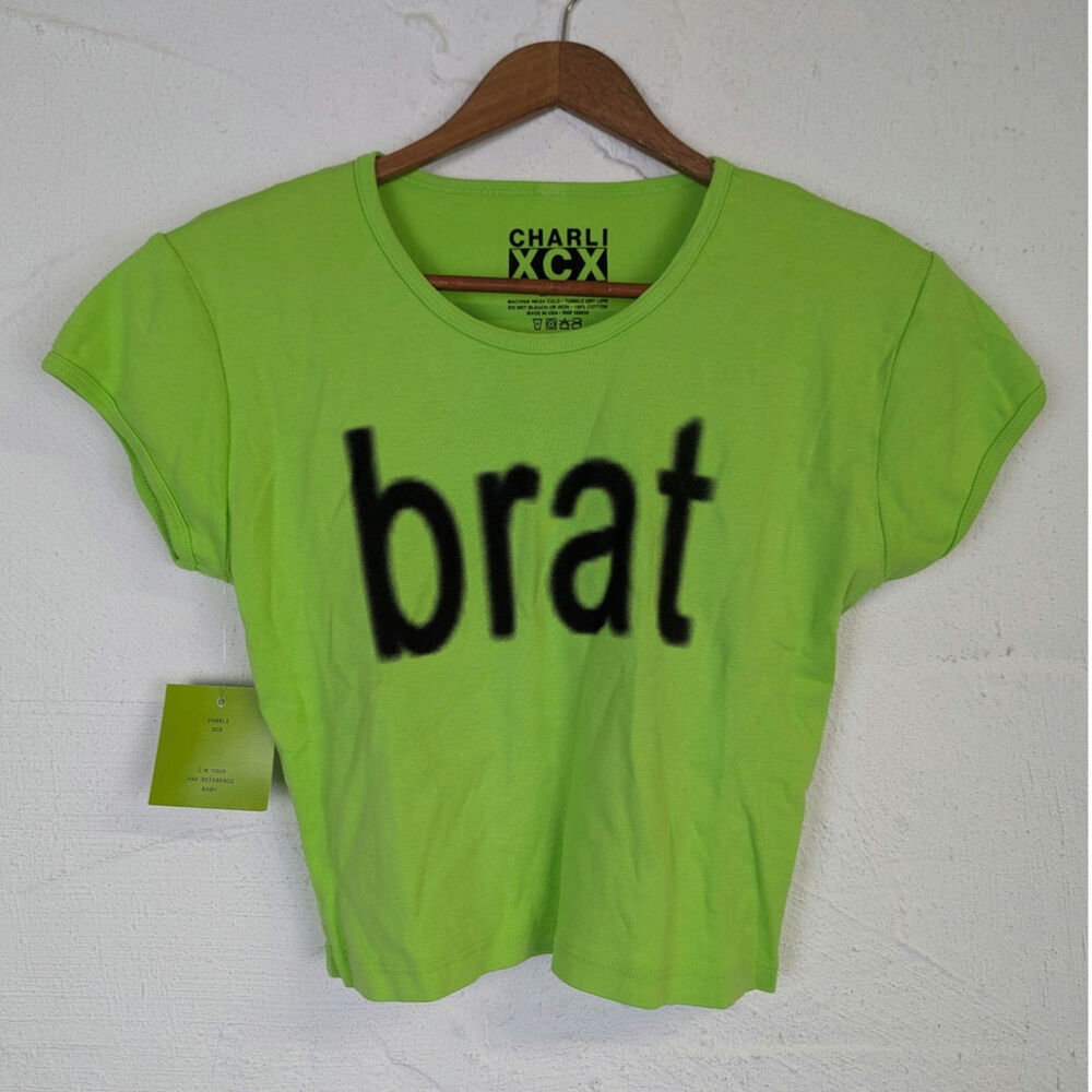 Charli XCX Brat Green Cropped T Shirt Tour Baby Tee Bright Neon Womens Large